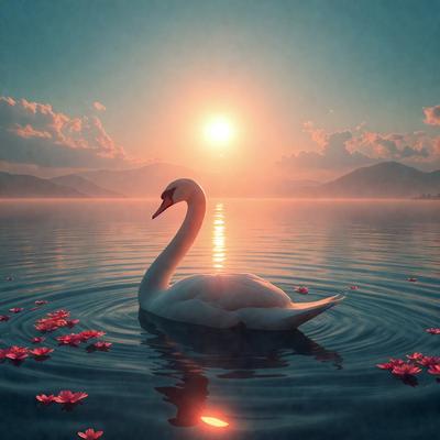 The primary subject of the image is a white swan floating on a body of water. The swan is the main focus of the image, and it appears to be enjoying the serene environment. The setting is a lake or a large body of water, with a beautiful sunset in the background. The visual style of the image is a combination of photo and digital art, creating a realistic yet artistic representation of the swan. The colors and mood of the image are predominantly warm and calming, with the sun